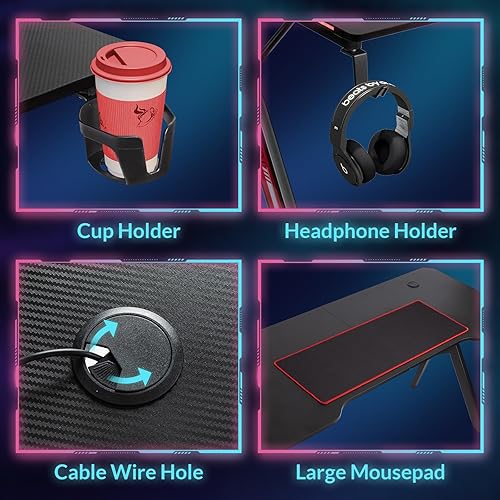 Todeco Bureau Gaming LED 140 x 60cm, Grande Bureau Gamer avec Plateau en Fibre de Carbone, Ergonomique avec Tapis de Souris, Porte-gobelet et Crochet pour Casque - Nail Gallerys