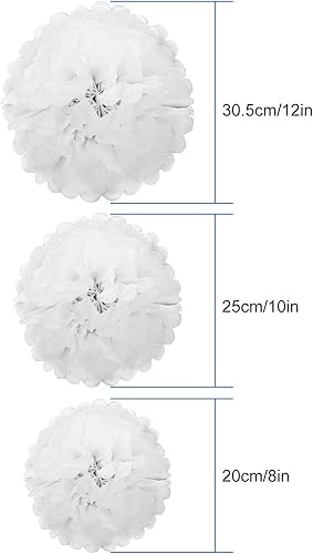 STARVA ST 30 Pcs Pompons Papier Blanc, Papier de Soie Pompons Papier Fleur, Pompon Boule à Suspendre pour Fêtes, Anniversaire, Mariage et Noël - Assortiment de Tailles (8', 10', 12') - Nail Gallerys