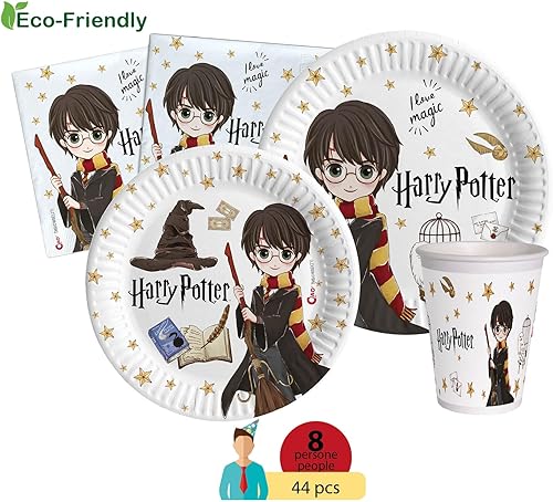 Ciao-Kit Table Fête Party Harry Potter 8 personnes (44 pcs: assiettes, gobelets, serviettes) en papier compostable Vaisselle, AZ019, Multicolor - Nail Gallerys