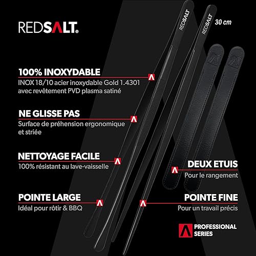 REDSALT® Black Edition Set de pinces de cuisine noir 30cm | INOX 18/10 acier inoxydable résistant au lave-vaisselle revêtement PVD | cuisinier professionnel pincette grill gourmet brucelles - Nail Gallerys