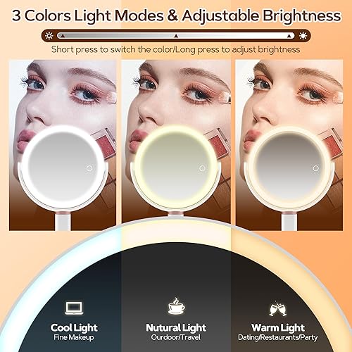 Miroir Grossissant Lumineux 20X/1X 2 Côtés, Mirroir Maquilleur Lumineux, Mode D'éclairage Tricolore Luminosité/Hauteur Réglable, Miroir de Courtoisie avec éclairage et Grossissement pour Les Voyages - Nail Gallerys
