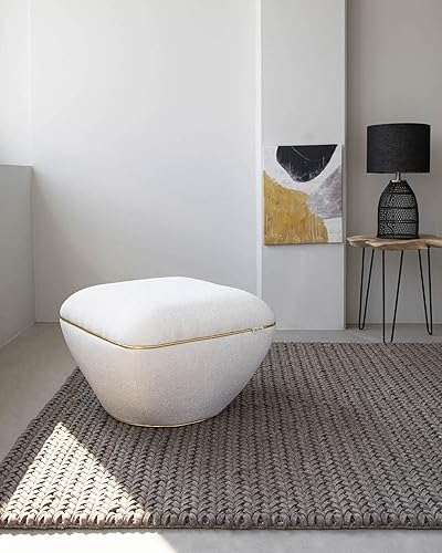Qiyano Pouf - Grand tabouret en tissu structuré beige moderne carré confortable pour salon, chambre à coucher - Décoration en cuir synthétique doré - Hauteur : environ 43 cm - Couleur : beige - Nail Gallerys