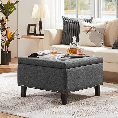 Yaheetech Cube Banc de Rangement Coffre de Rangement en Tissu Repose-Pieds avec Assise Rembourrée Relevable Capitonnée 70 x 70 x 45 cm Gris Foncé - Nail Gallerys