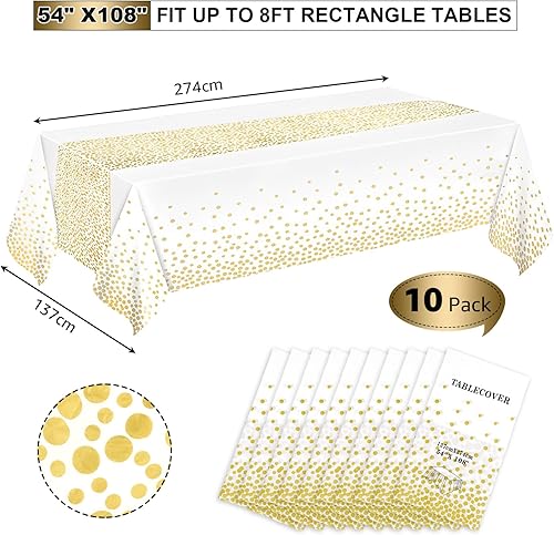 Lot de 10 nappes jetables en plastique blanc - 137 x 274 cm - Nappe de jardin à pois dorés - Nappe rectangulaire - Pour anniversaire, fête, mariage - Nail Gallerys