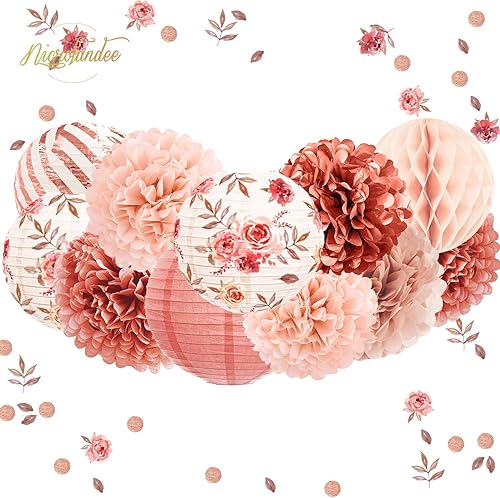 NICROLANDEE Lot de 12 lanternes en papier or rose - Pompons en soie - Confettis - Décoration pour fête de mariage, Saint-Valentin, fête d'anniversaire - Nail Gallerys