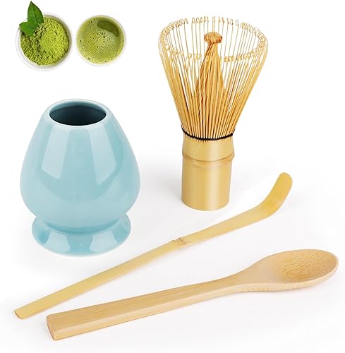 LWMTT 4 Pièces Fouet Matcha Kit, Fouet Matcha Bambou 80 Dents Matcha Kit, Cuillère Traditionnelle, Support Fouet pour Matcha, Kit Matcha Complet sont Cadeau pour Noël et Anniversaires - Bleu - Nail Gallerys