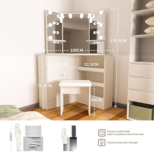 MSUTREE Coiffeuse d'angle avec grand miroir HD éclairé - Table de maquillage avec grand espace de rangement - 3 modes d'éclairage, luminosité réglable - Élégante blanche. - Nail Gallerys