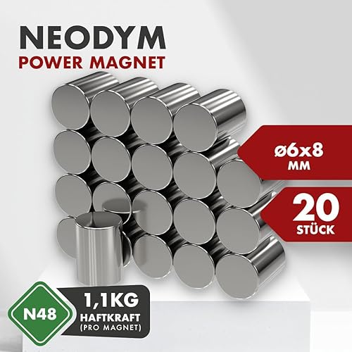 20 x Cylindres magnétiques néodyme | Diamètre Ø 6 mm, Longueur 8 mm | nickelé (NiCuNi) | Force d'adhérence environ: ~ 1.1 kg | extra fort / haute qualité | 20 pc. super puissants Aimant Cylindre - Nail Gallerys