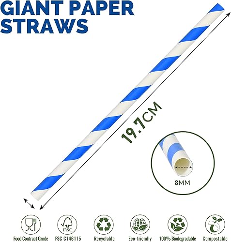 Pailles en papier jetables de 8mm, 19,7cm, rayures colorées – pour milkshakes, glaces, smoothies, boissons épaisses – 200 unités - Nail Gallerys