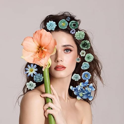 FOSDICK 43 Pièces Fleurs Artificielles, Bleu Fausse Fleur, Petite Tête de Fleur Artificielle Mélangée, Fleur en Tissu, Fausses Fleurs pour DIY Scrapbooking Mariage Gâteau Fête Jardin Artisanat - Nail Gallerys
