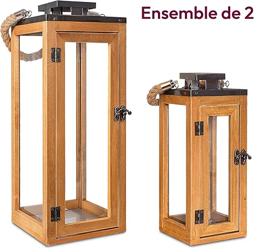 Gadgy Lanterne Bois Bougie | Ensemble de 2 Lanterne Bougie | Grande Lanterne XXL | Decoration Maison Bois | Bougeoire | photophores Bois - Nail Gallerys