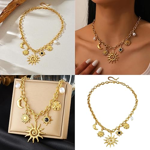 MHADBKH Collier avec pendentif lune et soleil en acier inoxydable - Longueur réglable - Bijou délicat et élégant pour femme - Nail Gallerys