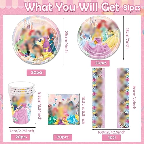 Lot de 81 vaisselle de fête d'anniversaire princesse - Avec assiettes, gobelets en carton - Serviettes roses - Décoration d'anniversaire pour fille - Nail Gallerys