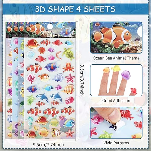 TIESOME Stickers poissons pour enfants, 3D mousse sous la mer Stickers animaux de l'océan pour l'artisanat Créatures de la mer avec assortiment de petits animaux de la mer4 feuilles(couleur océan) - Nail Gallerys