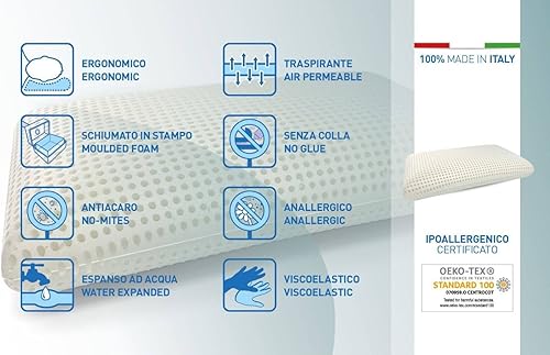 Talamo Italia - Lot de 4 oreillers pour lit, 100% Made in Italy, Oreiller Ergonomique Savon en Mousse à memoire de Forme perforée, hypoallergénique et Respirant, 70x40xh16 cm - Nail Gallerys