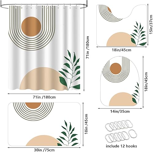 AIBIIN Lot de 4 rideaux de douche abstraits bohèmes avec tapis antidérapant, housse d'abattant de toilette et tapis de bain, rideaux de bain bohème pour décoration de salle de bain avec 12 crochets - Nail Gallerys