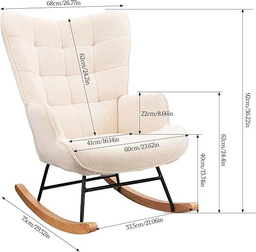 FEEOHOME Fauteuil à Bascule, Chaise à Bascule, Fauteuil Allaitement Chambre Bebe, Rocking Chair Allaitement, Velours Teddy pour Chambre à Coucher et Salon, Dossier à Carreaux (Beige) - Nail Gallerys