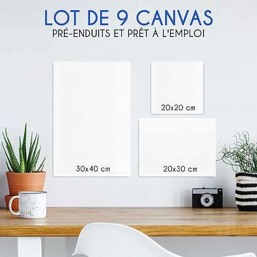 Zenacolor Toile Peinture Multi Tailles- 20x20, 20x30 et 30x40 - Lot de 9 Canvas Tous Types de Peintures - Toile Vierge, sans Acides - Toiles Pour Loisir Creatif - Nail Gallerys