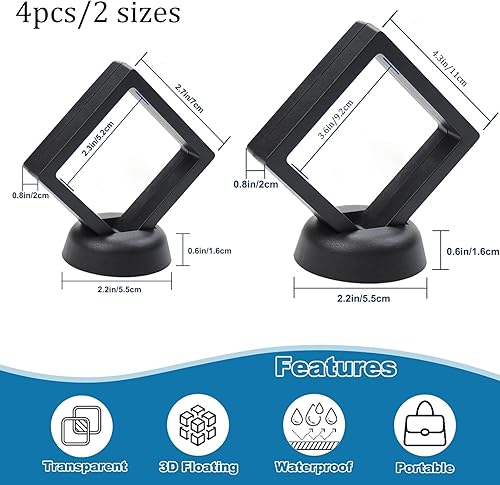 Ayicheyl 4 Pièces Cadre Flottant, Cadre 3D Présentoir Flottant 3D avec Base,Porte Bijoux pour Boucles D'oreilles,Bagues,Colliers,Bracelets,Noir 7x7x2cm+11x11x2cm - Nail Gallerys