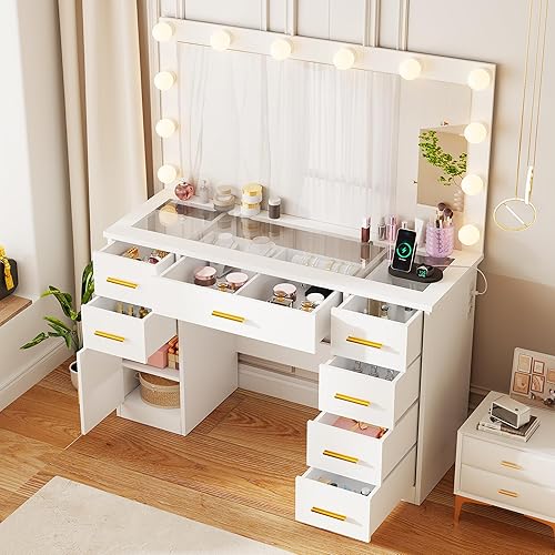 ANWBROAD Coiffeuse avec Miroir, Prise,12 Globes Lumineux LED,Luminosité Réglable,Table de Maquillage avec 7 Tiroirs et 1 Armoire Coiffeuse Moderne avec Grand Espace de Rangement Blanc BDT83W - Nail Gallerys