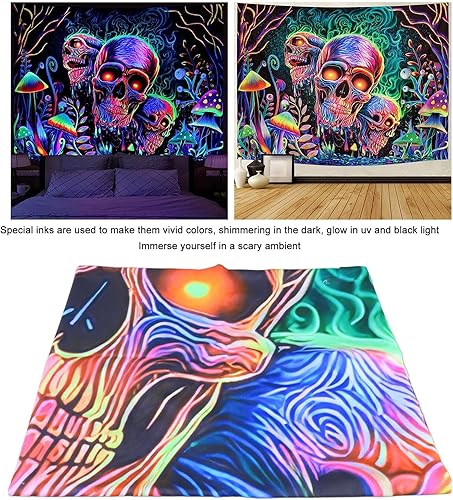 Brrnoo Tapisserie de Tête de Mort Blacklight - Réactive aux UV, Décorative Colorée Mystérieuse Fabriquée à la Main (150X130cm) - Nail Gallerys