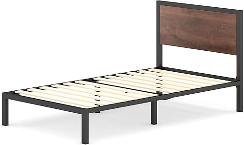 Zinus Mory Lit 140x190 cm - Hauteur du cadre de lit 30 cm - Plate-forme en métal et bois avec tête de lit - Marron - Nail Gallerys