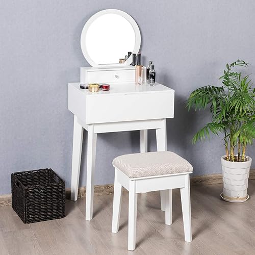 COSTWAY Miroir avec 2 tiroirs - Miroir Rond - Coiffeuse - Nail Gallerys