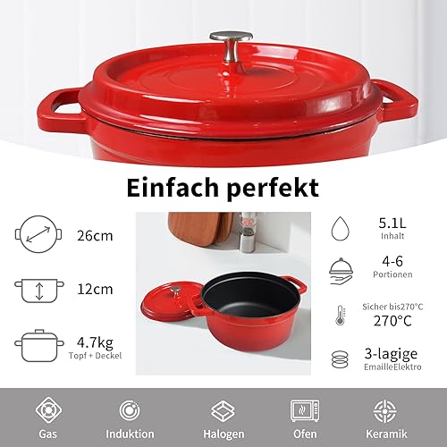 HOUSLUX Cocotte en fonte - 26 cm - 5,1 l - En émail - Avec couvercle - Avec couvercle - Induction - Pour la cuisine - Rougeâtre - 26 cm - Nail Gallerys