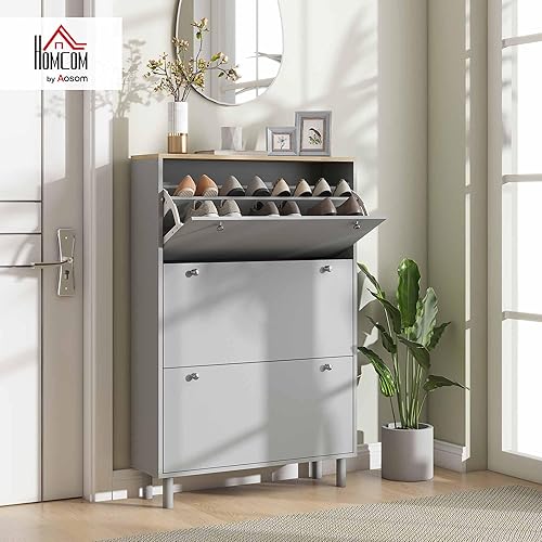 HOMCOM Meuble à Chaussures 24 Paires, Armoire à Chaussures étroite, Meuble d'entrée avec 3 tiroirs rabattables et étagères réglables, pour Couloir et entrée, 80x23,5x121cm, Gris - Nail Gallerys
