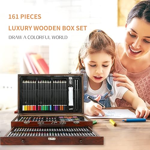 Ensemble de peinture artistique de luxe avec boîte en bois, 161 pièces avec pinceaux et bloc à croquis, kit de dessin professionnel pour adultes - Nail Gallerys