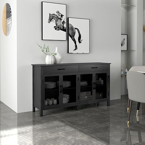 HOMCOM Buffet Bas Meuble de Rangement 4 Portes avec étagères réglables et 2 tiroirs pour Salon Cuisine Salle à Manger - Style Industriel - 150 x 40 x 85 cm Noir - Nail Gallerys