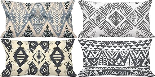 Housses de Coussin Exterieur 50x70 cm Lot de 4 Grand Coussin Exterieur Impermeable Lin Gris avec Double Face imprimé Taie Oreiller Rectangulaire Géométrie pour Terrasse Banc Decoratif Salon Jardin H-1 - Nail Gallerys