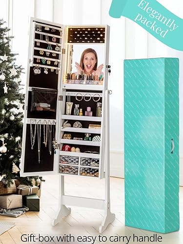 LUXFURNI Armoire à Bijoux à LED avec Miroir verrouillable et Grand Organiseur de Rangement avec tiroirs (Blanc) - Nail Gallerys