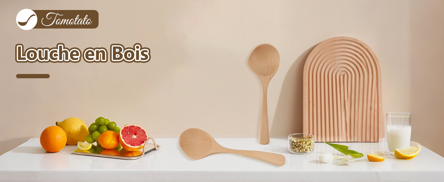 Louche en Bois, 8" Cuillère à Porridge en Bois à Long Manche Cuillère 