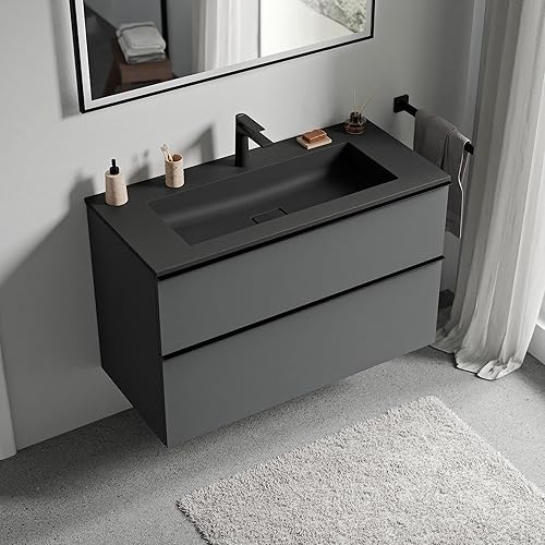 BERNSTEIN - Meuble vasque suspendu salle de bain MDF Anthracite mat, lavabo fonte minérale Blanc mat sans trou robinet, poignée métal Chrome - 80x46x62cm - LAVOA - Nail Gallerys