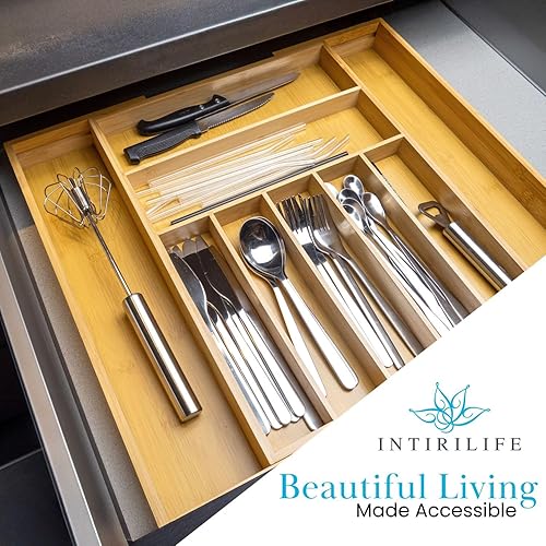 Intirilife Range-couverts Organisateur de tiroirs en bambou extensible jusqu'à 8 compartiments -33-50 x 43 x 5 cm- réglable en taille, insert de tiroir, pour couverts ustensiles de cuisine outils - Nail Gallerys