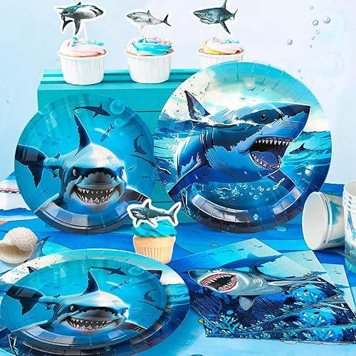 Vaisselle de Requin,111pcs Vaisselle d'Anniversaire Requin & Requin Anniversaire Décorations Set - Assiettes de Fête Requin Nappes & Ballons de Fête Requin Bannière etc Fournitures de Fête de Requin - Nail Gallerys