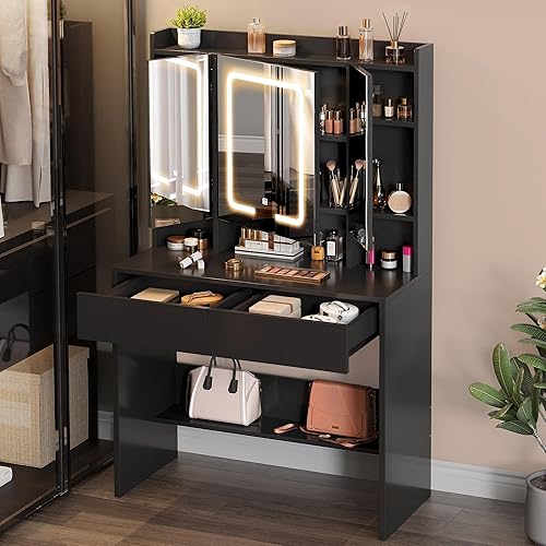 YITAHOME Coiffeuse avec Miroir LED à Luminosité Réglable, Table de Maquillage avec Miroir, Coiffeuse avec étagères et 2 Tiroirset 5 Étagères de Rangement pour Chambre à Coucher (Noir) - Nail Gallerys