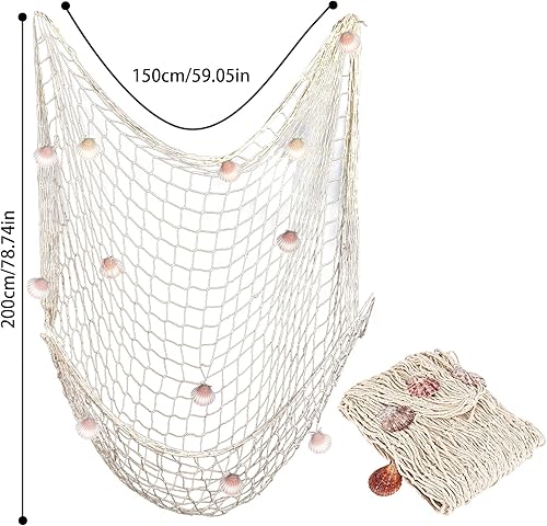 Filet de pêche décoratif avec coquillages, 150 x 200 cm, filet naturel avec coquillages, style méditerranéen, pour fête, maison, mariage, fête, photographie - Nail Gallerys