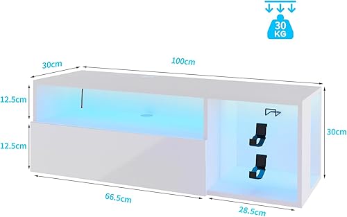 soges Meuble TV Suspendu pour Centre de Divertissement avec Lumières LED, 100cm Banc TV Mural avec Gestion des Câbles, Banc TV Blanc - Nail Gallerys