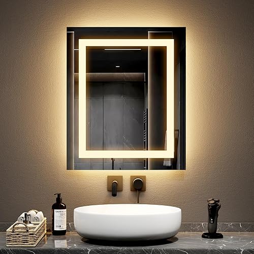 EMKE Miroir Lumineux Salle de Bain 50x60 cm avec Interrupteur à Bouton, Anti-buée, Deux Couleurs Lumière Blanche Froide 6500K/Chaude 3000K Miroir Salle de Bain avec Fonction mémoire - Nail Gallerys