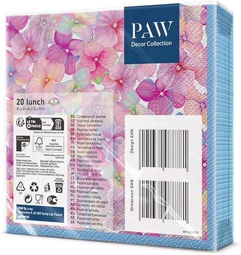 PAW - Serviette Papier 3 Plis (33 x 33 cm) I Lot de 20 I Parfait pour les Anniversaires, les Partys, les Mariages, la Kommunion et les Célébrations I Décoration de Table - Fleurs de Cynorrhodon - Nail Gallerys