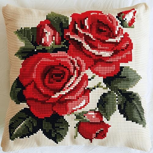 Kits De Crochets De Loquet Kits De Coussin De Crochet De Loquet Rose Rouge Kit De Coussin De Crochet De Loquet De Fleurs Fantaisie，Housse D'Oreiller Bricolage Faisant De La Toile Imprimée 43x43cm - Nail Gallerys