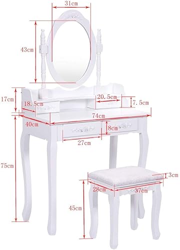 COSTWAY Coiffeuse Table de Maquillage avec Miroir et Tabouret et 4 Tiroirs 75 x 40 x 145 cm Blanc - Nail Gallerys
