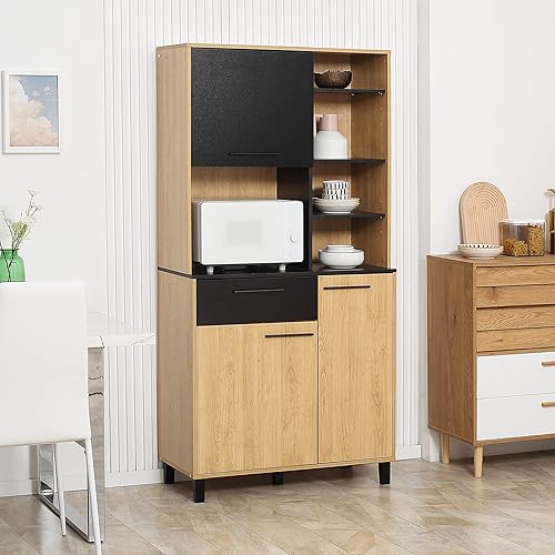 HOMCOM Buffet de Cuisine Armoire de Cuisine Multi-rangements avec Un tiroir, 3 placards, 4 niches et Passe-câbles Hauteur 180 cm - Nail Gallerys