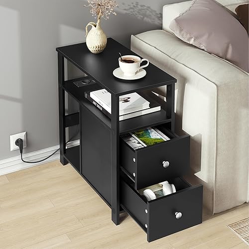 WOLTU Table d'Appoint avec Prise Intégrée, Table de Chevet Étroite avec 2 Tiroirs 2 Étagères 1 Compartiment Ouvert, 60x60x30 cm, Noir, BTS28sz - Nail Gallerys