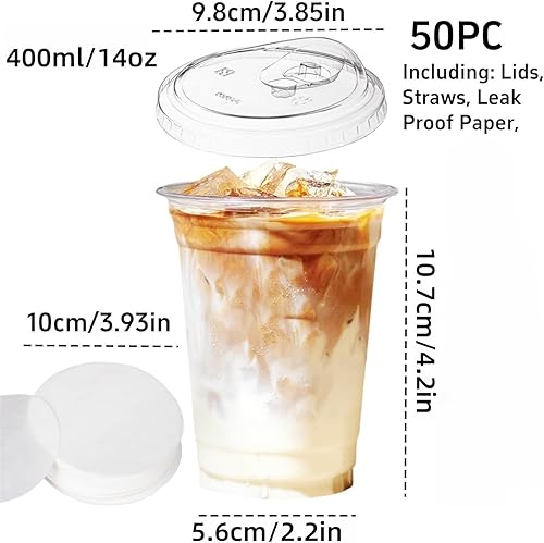 Zykphao Lot de 50 gobelets transparents réutilisables de 414 ml avec couvercles, papier anti-fuite, parfaits pour les boissons froides, smoothies, boissons au café, fêtes, camping, pique-niques - Nail Gallerys