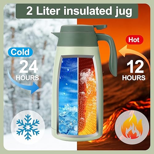 Carafe à café isotherme de 2 L en acier inoxydable à double paroi isotherme sous vide pour café et thé - Pour boissons chaudes et froides - Vert - Nail Gallerys