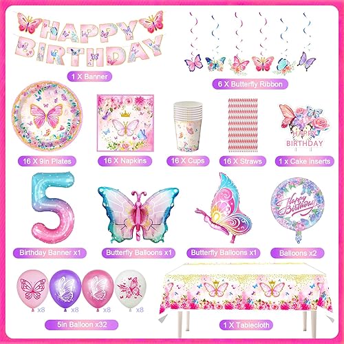 Ensemble de vaisselle de fête papillon - Décoration d'anniversaire pour fille de 5 ans - Papillon - Décoration d'anniversaire d'enfant - Ballons - Assiettes en carton - Nappe pour décoration - Nail Gallerys