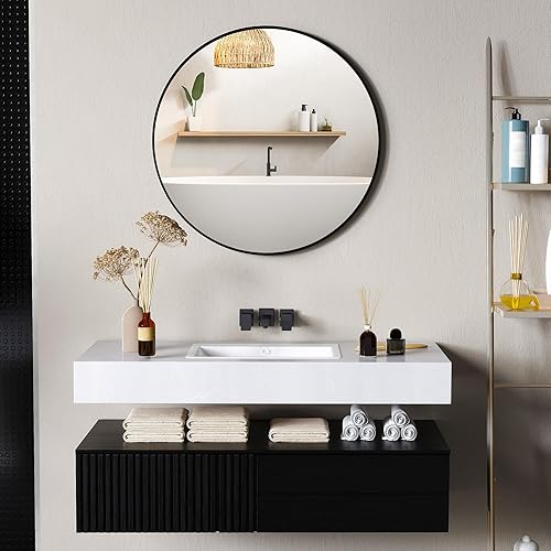 HOMCOM Miroir Rond, Miroir Salle de Bain, diamètre 70 cm, Cadre en métal, Miroir Mural, Facile à Installer, pour Chambre, Salon, entrée, Noir - Nail Gallerys